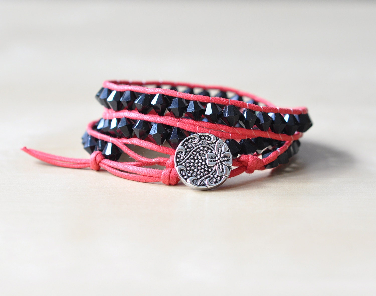 Red & Black 3X Wrap Bracelet Glass Diamonds and by CraftDePeRaft