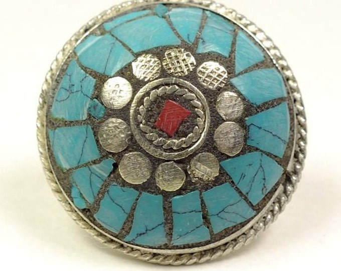 Storewide 25% Off SALE Southwestern mosaic styled unpolished silvertone ring with turquoise and coral accents, size 4.