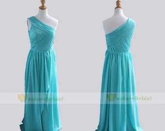 One-shoulder Turquoise bridesmaid dresses, Simple One-shoulder floor ...