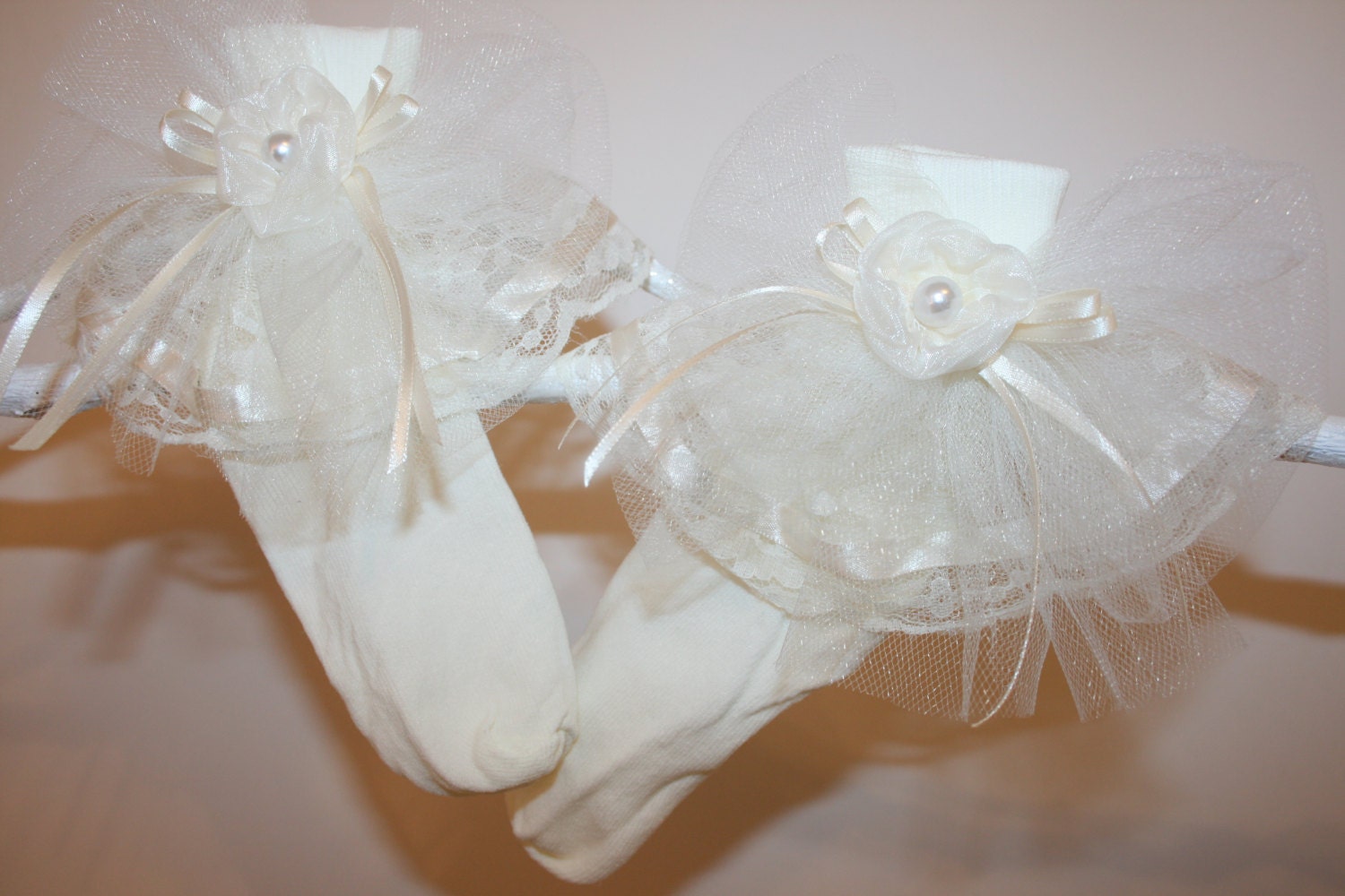 Girls Ivory Nylon & Lace Flower Girl Socks with Ivory Illusion