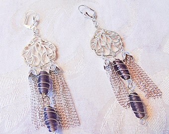 SILVER FINISH CHANDELIER with 2 silver chain tassels and 2 silver wire wrapped purple beads. Leverback ear wires - 0099+