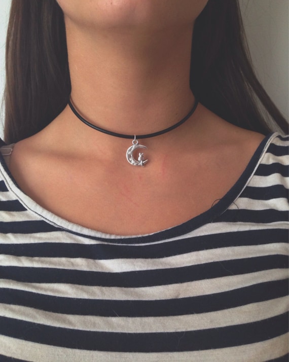 Black leather cord choker w/ antique silver cat moon charm