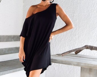 Black Asymmetric Dress Blouse Tunic / Black Dress