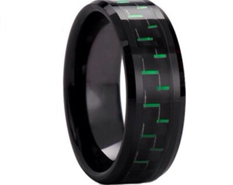 Tungsten Ring 8mm With Green and Black Carbon Fiber Inlay