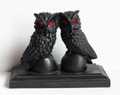 Gothic Black Coal Owls with Ruby Red Jeweled Eyes Vintage 1980s, Handcrafted Figurine Statue Owl Pair on Ball & Base Halloween Spooky Gothic Black Coal Owls with Ruby Red Jeweled Eyes Vintage 1980s, Handcrafted Figurine Statue Owl Pair on Ball & Base Halloween Spooky