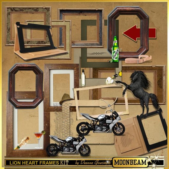 Masculine Scrapbooking Kit Frames "Lion Heart Frames" Male themed Digital scrapbook Kit - boys men