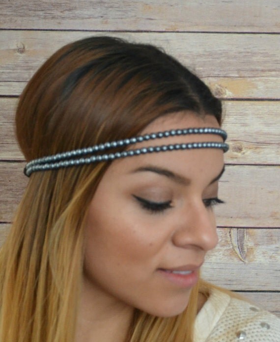 Blue pearl headband Double strand with Elastic by MABEESBOUTIQUE