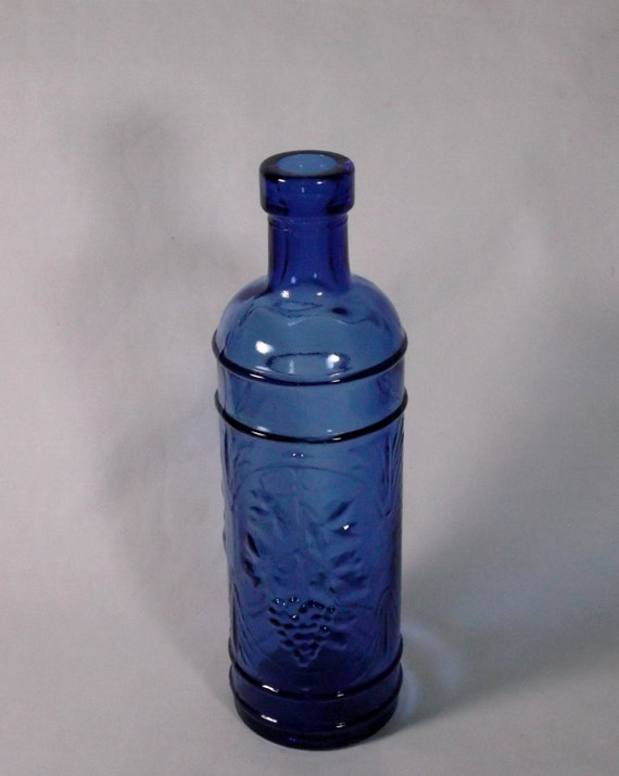 Cobalt Blue Glass Bottle with Embossed Grapes Pattern Made