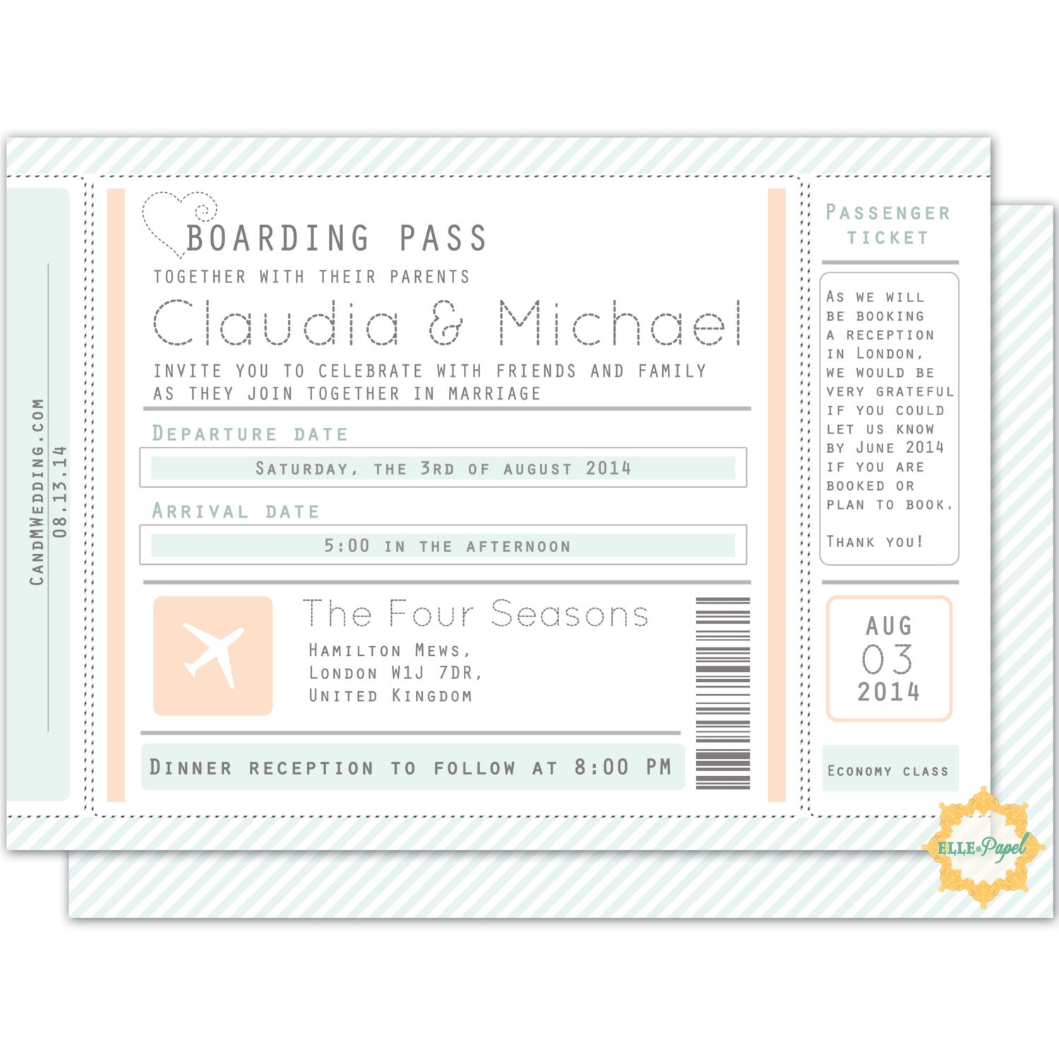 Printable Wedding Invitation: Travel Boarding Pass - Printable Boarding Pass Invitation- Mint Green and Peach- Wedding Abroad