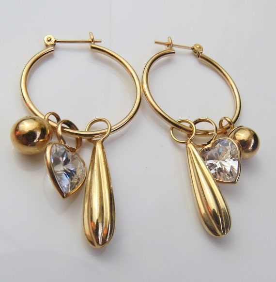 Beautiful 14kt Gold Hoops With Charms by RetroGoldandSilver