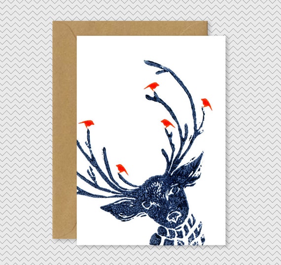 Cool Christmas Cards Reindeer with birds Dark by IvoryMintCards