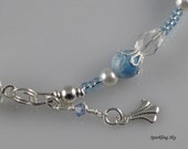 Blue Beaded Single Strand Bracelet, Crystal Charm, Magnetic Clasp, Handmade, Swarovski Pearls, Blue Glass Beads, Gift Idea,Free USA Shipping