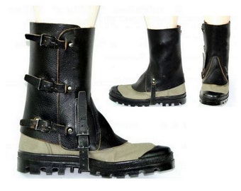 Black Leather Swiss Army Gaiters - 1960s Boot Shoe Spats Spatterdashes Spatter Guards - Steampunk Motorcycle
