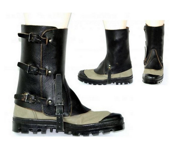 Black Leather Swiss Army Gaiters - 1960s Boot Shoe Spats Spatterdashes Spatter Guards - Steampunk Motorcycle by ArthurBernard steampunk buy now online