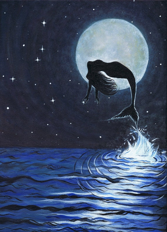 Mermaid jumping out of the water under the full moon print