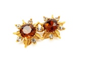 Vintage Florenza  Amber White Rhinestone Goldtone Clip Earrings Maltese Cross Jewelry