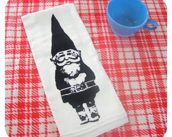 Kitchen Towel Gnome - CUTE Black Vintage Red Tea Towel retro kitchen -Screen Print - Indie Housewares