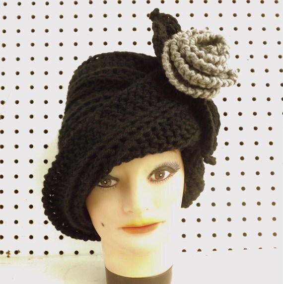 OMBRETTA Steampunk Hat, Crochet Cloche Hat, Crochet Flower Hat, Womens Hat Trendy, Crochet Hat for Women, Black Hat, Gray Hat