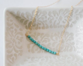Delicate Tiny Turquoise Bar Necklace, Genuine Turqouise on 14KT Gold Fill Chain