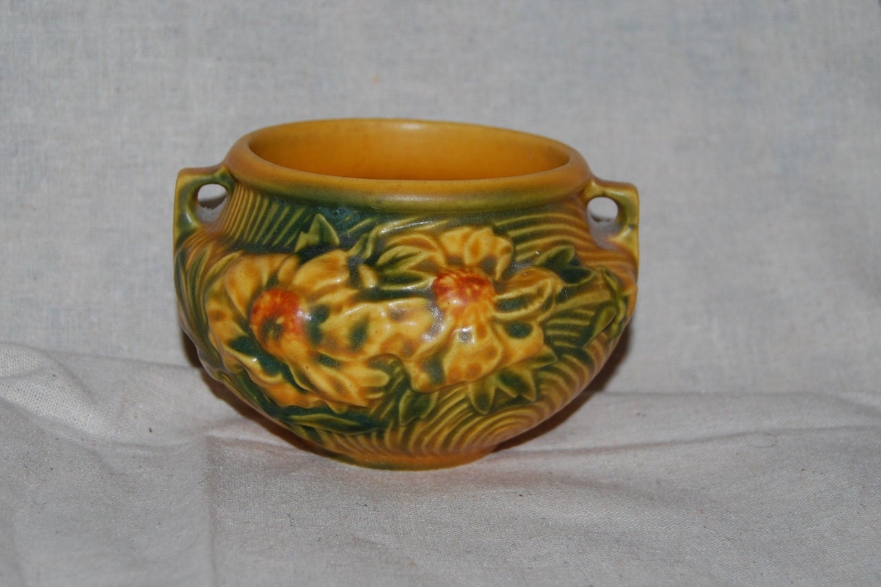 ROSEVILLE art pottery Yellow Peony small pot by vintageinspiration