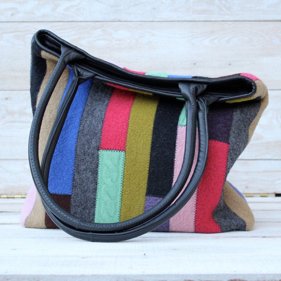 Recycled Sweater Bag Colorful Patchwork Tote with Recycled