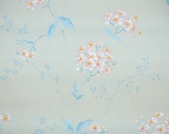 1920's Vintage Wallpaper - Antique Floral Wallpaper Pink Hydrangeas on Blue