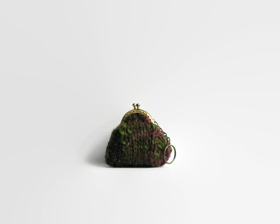 Coin Purse - Keychain Knitted in Tweed Purple - Green Wool