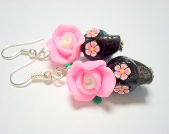Sugar Skull Earrings Black and Pink Day of the Dead Rose Earrings