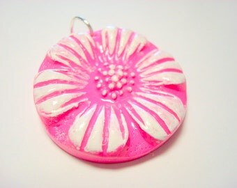 Pink and White Daisy Handmade Polymer Clay Pendant