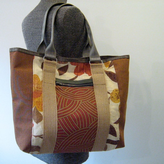 Repurposed Canvas Burlap and Duck Cloth Tote Bag Diaper Bag