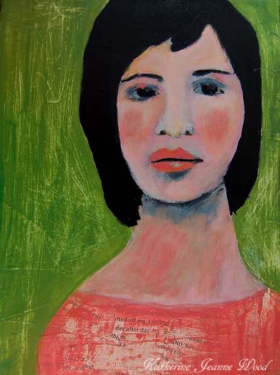 Acrylic Portrait Painting, In the Silence After Dinner III, Original, Mixed Media, Girl, Woman, Green Pink
