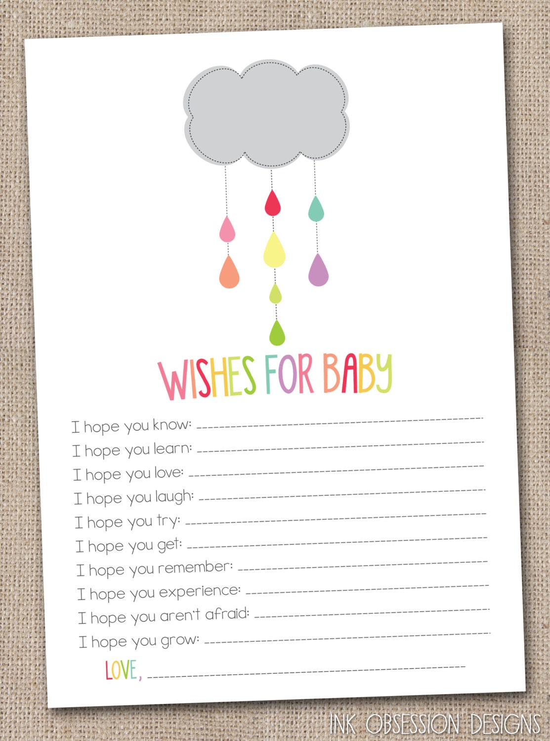 Printable Baby Wishes Card Colorful Shower by InkObsessionDesigns