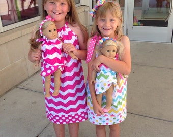 dress pink chevron matching American Girl Doll pillowcase dress 12,18 months 2t, 3t, 4t, 5t,6,7,8,10,12