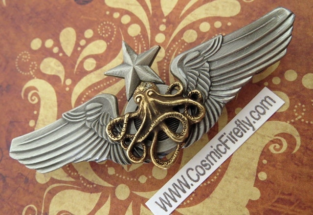 Steampunk Pin Flying Octopus Pilot Wings Gothic Victorian Metal Flying Wings Badge Primitive Antiqued Finish Steampunk Brooch Nautical Star steampunk buy now online