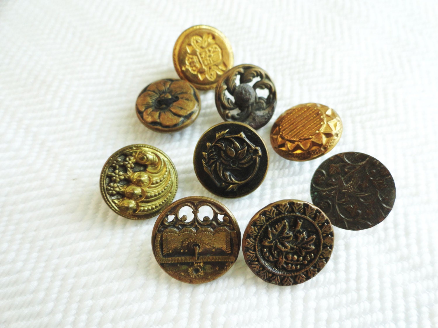 9 Antique Gold Metal Buttons 1800s Vintage