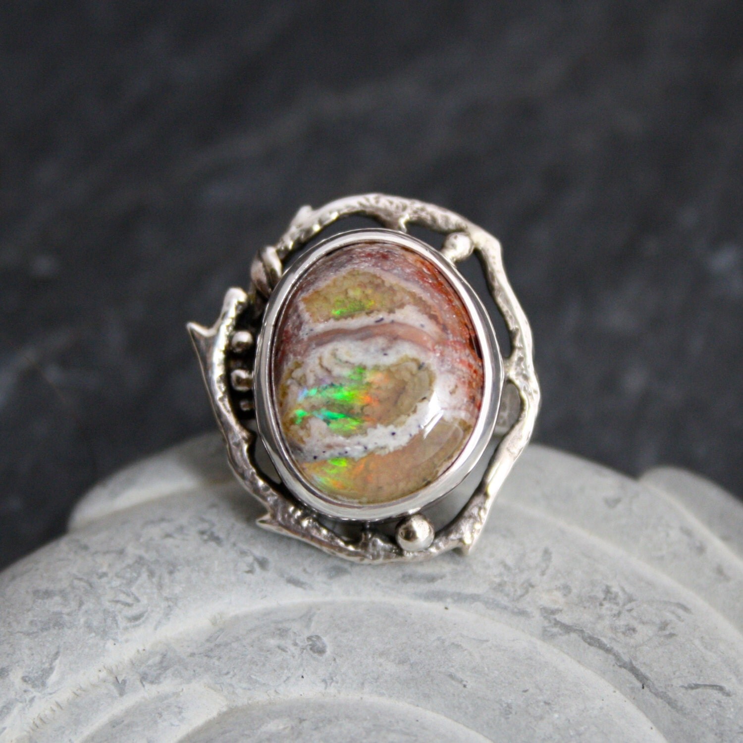 Mexican FIre Opal Woodland Dream RIng Branch twig Opal ring