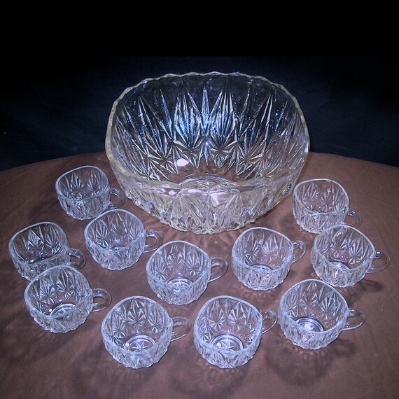 Vintage Pressed Glass Punch Bowl & 11 Cups / 1960s Hazel Atlas