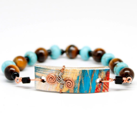 Items similar to Stretch Bracelet, Brown, Blue, Black Abstract Art Boho