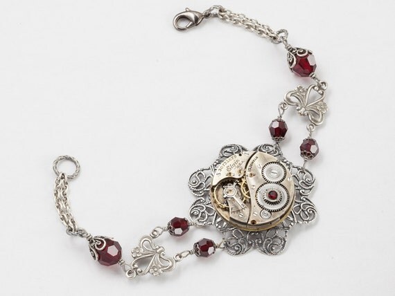 Steampunk Bracelet Vintage Elgin watch movement gears silver flower filigree garnet red crystal beaded chain bracelet Steampunk Nation 2442 by steampunknation steampunk buy now online