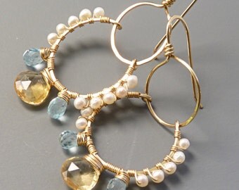 Fun chandelier earrings - blue topaz, citrine, pearl and gold earrings ...