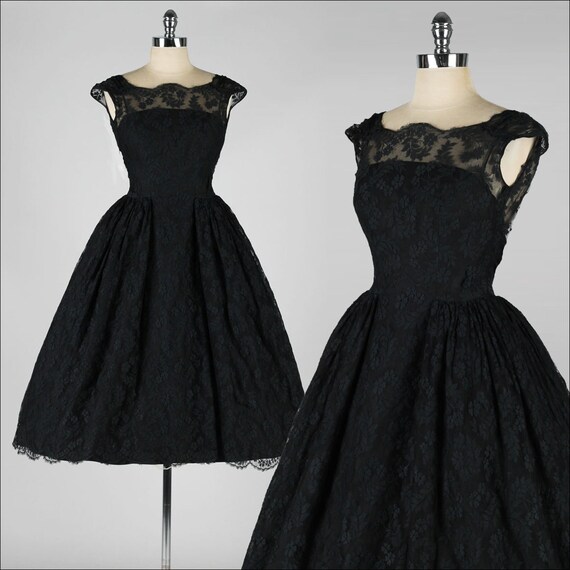 vintage 1950s dress . black chantilly lace . open back