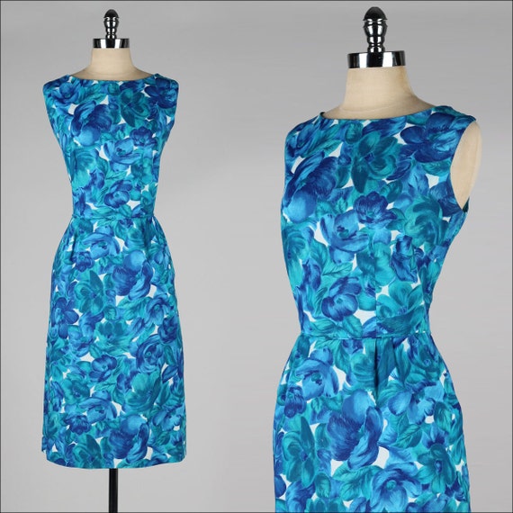 vintage 1950s dress . blue floral print cotton . double front