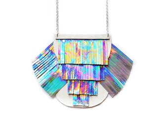 Holographic Necklace, Leather Necklace, Metallic Bib Necklace, Geometric Necklace, Rainbow Tassel Modern Necklace, Space Futuristic Necklace