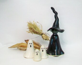 Halloween Witch and 3 Ghost Set - - Handmade on the Potters Wheel - Halloween Decoration - Made to Order