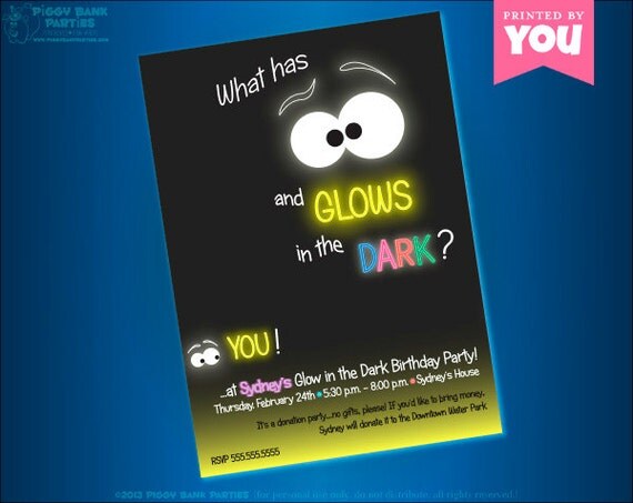 GLOW in the DARK Invitation - DIY Printable Birthday Invite // Sleepover // Slumber Party // Flashlight Party Il_570xn