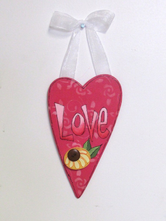 Hanging LOVE Heart with White Ribbon, Yellow or Purple Flower, Mother's Day Gift, Heart Shaped Wood Cutout, Hand Painted,  Tole Painted