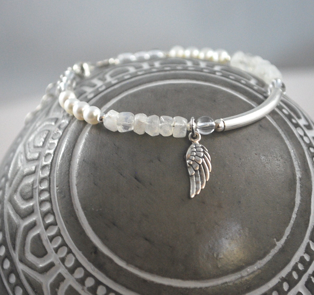 Angel wing bracelet silver sterling 925 moonstone freshwater