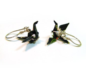 Peace Crane Earrings Sterling Silver Black with Pink and Red Flowers Origami Crane Earrings