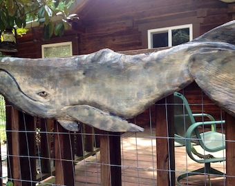 Gray Whale 39" chainsaw wood whale carving realistic sculpture nautical home accent saltwater ocean decor wall mount coastal living art