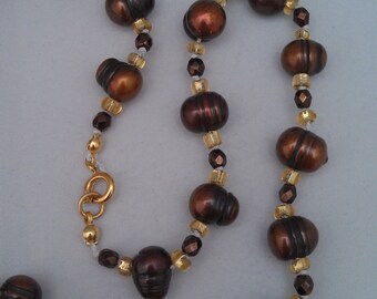 Copper Freshwater Pearl, Crystal and Glass Necklace